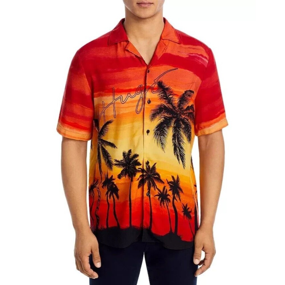 HUGO BOSS Shirt Mens Medium Red Sunset Button Short Sleeve Hawaiian ELLINO $148
